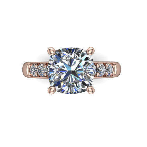 Nena cushion solitaire engagement ring in 14K Rose Gold, top-down view showing the four-prong cushion center diamond and channel-set shoulders