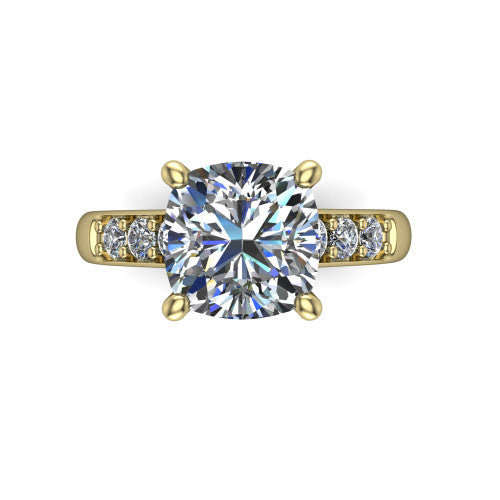 Nena cushion solitaire engagement ring in 18K Yellow Gold, top-down view showing the four-prong cushion center diamond and channel-set shoulders