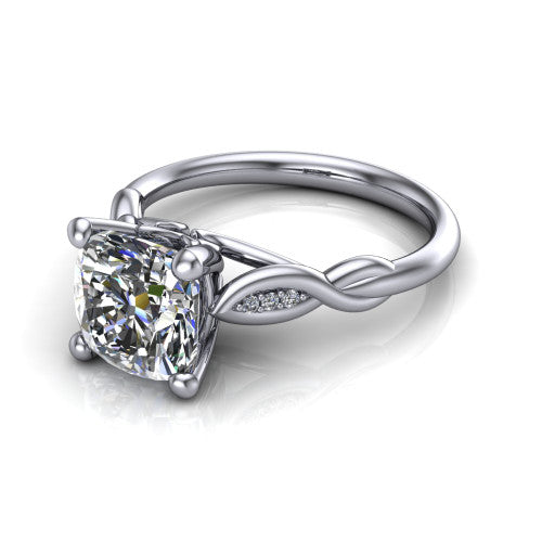 Lennon cushion solitaire engagement ring in Platinum, three-quarter perspective showing the cushion center diamond above a twisted willow band