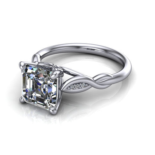 Lennon square emerald solitaire engagement ring in Platinum, three-quarter perspective showing the square emerald center diamond above a twisted willow band
