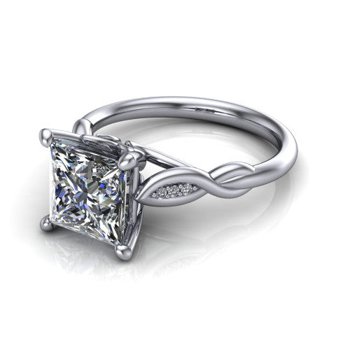 Lennon princess solitaire engagement ring in Platinum, three-quarter perspective showing the princess center diamond above a twisted willow band