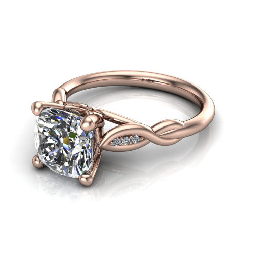 Lennon cushion solitaire engagement ring in 18K Rose Gold, three-quarter perspective showing the cushion center diamond above a twisted willow band