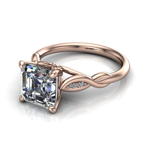 Lennon square emerald solitaire engagement ring in 18K Rose Gold, three-quarter perspective showing the square emerald center diamond above a twisted willow band