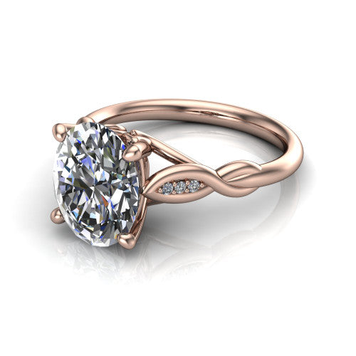 Lennon oval solitaire engagement ring in 14K Rose Gold, three-quarter perspective showing the oval center diamond above a twisted willow band