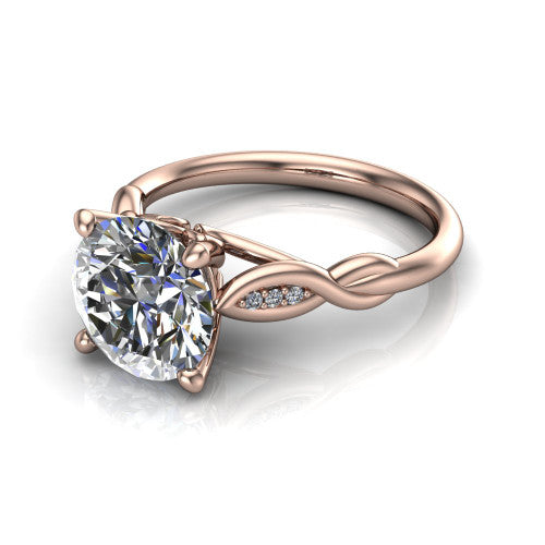 Lennon round solitaire engagement ring in 14K Rose Gold, three-quarter perspective showing the round center diamond above a twisted willow band