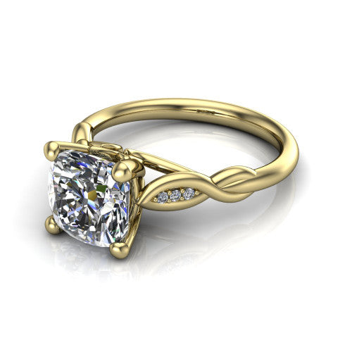 Lennon cushion solitaire engagement ring in 18K Yellow Gold, three-quarter perspective showing the cushion center diamond above a twisted willow band