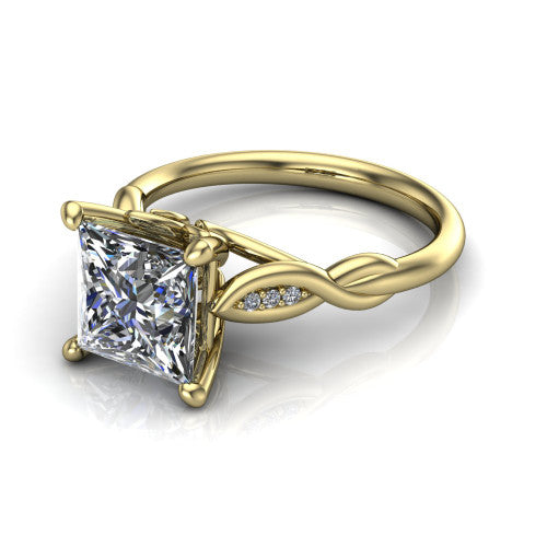 Lennon princess solitaire engagement ring in 18K Yellow Gold, three-quarter perspective showing the princess center diamond above a twisted willow band