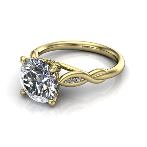 Lennon round solitaire engagement ring in 14K Yellow Gold, three-quarter perspective showing the round center diamond above a twisted willow band