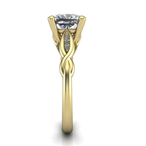 Lennon cushion solitaire engagement ring in 18K Yellow Gold, side profile showing the twisted infinity band with accent diamonds