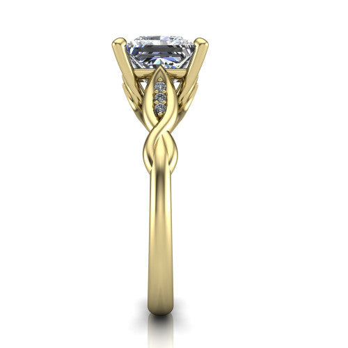 Lennon princess solitaire engagement ring in 18K Yellow Gold, side profile showing the twisted infinity band with accent diamonds