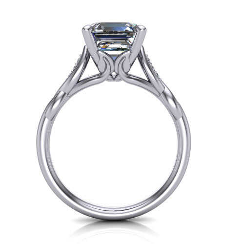 Lennon square emerald solitaire engagement ring in 14K White Gold, through-finger front profile showing the open basket