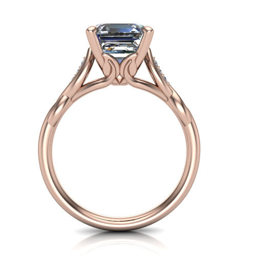 Lennon square emerald solitaire engagement ring in 14K Rose Gold, through-finger front profile showing the open basket