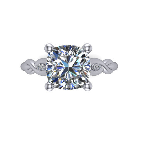 Lennon cushion solitaire engagement ring in 18K White Gold, top-down view showing the four-prong cushion center diamond and twist accents