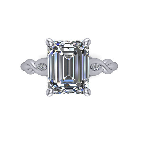 Lennon emerald solitaire engagement ring in Platinum, top-down view showing the four-prong emerald center diamond and twist accents