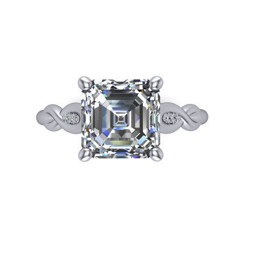 Lennon square emerald solitaire engagement ring in 18K White Gold, top-down view showing the four-prong square emerald center diamond and twist accents