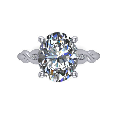 Lennon oval solitaire engagement ring in Platinum, top-down view showing the four-prong oval center diamond and twist accents