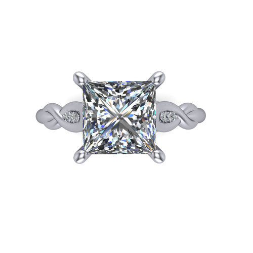 Lennon princess solitaire engagement ring in Platinum, top-down view showing the four-prong princess center diamond and twist accents