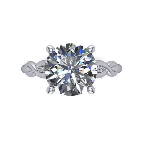 Lennon round solitaire engagement ring in Platinum, top-down view showing the four-prong round center diamond and twist accents