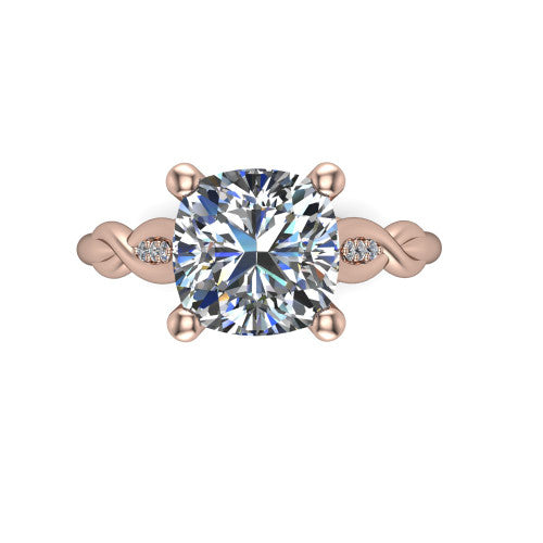 Lennon cushion solitaire engagement ring in 14K Rose Gold, top-down view showing the four-prong cushion center diamond and twist accents
