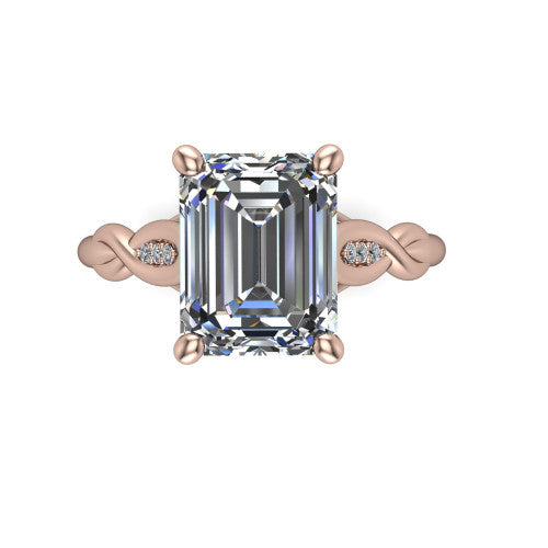 Lennon emerald solitaire engagement ring in 14K Rose Gold, top-down view showing the four-prong emerald center diamond and twist accents