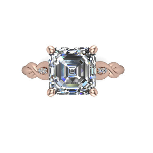 Lennon square emerald solitaire engagement ring in 18K Rose Gold, top-down view showing the four-prong square emerald center diamond and twist accents