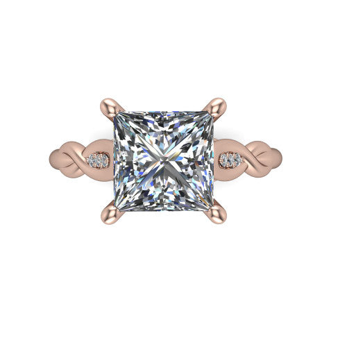 Lennon princess solitaire engagement ring in 18K Rose Gold, top-down view showing the four-prong princess center diamond and twist accents