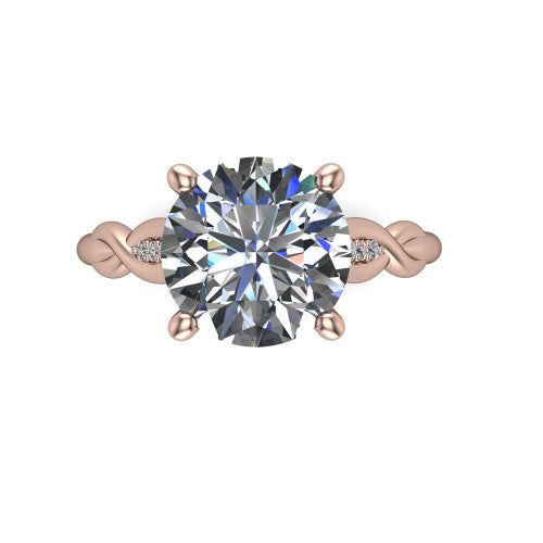 Lennon round solitaire engagement ring in 18K Rose Gold, top-down view showing the four-prong round center diamond and twist accents