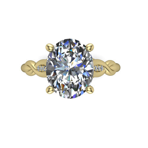 Lennon oval solitaire engagement ring in 18K Yellow Gold, top-down view showing the four-prong oval center diamond and twist accents