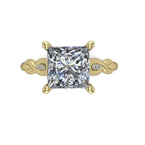 Lennon princess solitaire engagement ring in 18K Yellow Gold, top-down view showing the four-prong princess center diamond and twist accents