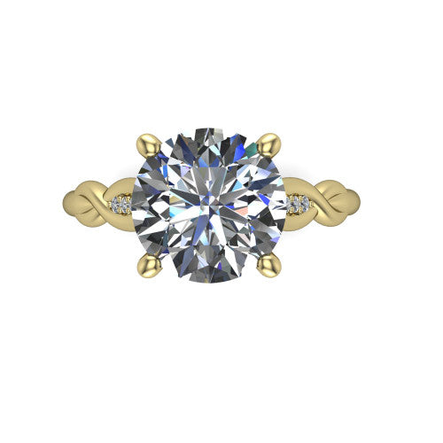 Lennon round solitaire engagement ring in 18K Yellow Gold, top-down view showing the four-prong round center diamond and twist accents