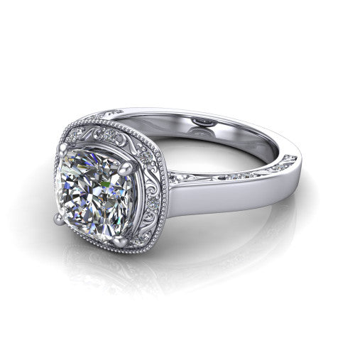 Elara cushion-cut vintage engagement ring in 18K White Gold, three-quarter perspective showing the cushion-cut center diamond, milgrain halo, and hand-engraved band