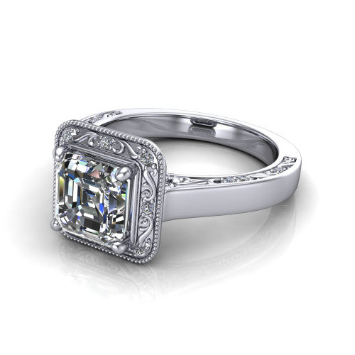 Elara square emerald-cut vintage engagement ring in Platinum, three-quarter perspective showing the square emerald-cut center diamond, milgrain halo, and hand-engraved band