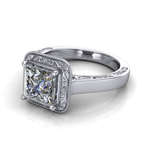 Elara princess-cut vintage engagement ring in 14K White Gold, three-quarter perspective showing the princess-cut center diamond, milgrain halo, and hand-engraved band