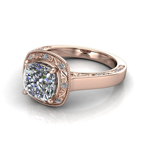 Elara cushion-cut vintage engagement ring in 18K Rose Gold, three-quarter perspective showing the cushion-cut center diamond, milgrain halo, and hand-engraved band