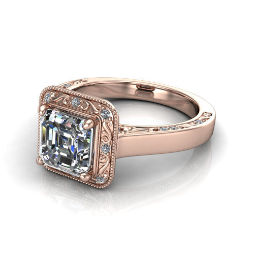 Elara square emerald-cut vintage engagement ring in 18K Rose Gold, three-quarter perspective showing the square emerald-cut center diamond, milgrain halo, and hand-engraved band