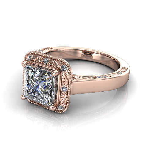 Elara princess-cut vintage engagement ring in 14K Rose Gold, three-quarter perspective showing the princess-cut center diamond, milgrain halo, and hand-engraved band