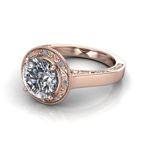 Elara round vintage engagement ring in 18K Rose Gold, three-quarter perspective showing the round center diamond, milgrain halo, and hand-engraved band