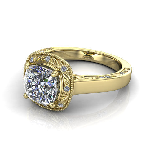 Elara cushion-cut vintage engagement ring in 14K Yellow Gold, three-quarter perspective showing the cushion-cut center diamond, milgrain halo, and hand-engraved band