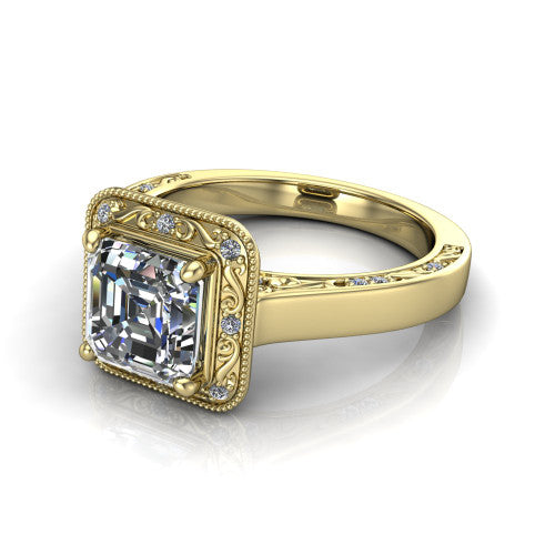 Elara square emerald-cut vintage engagement ring in 14K Yellow Gold, three-quarter perspective showing the square emerald-cut center diamond, milgrain halo, and hand-engraved band