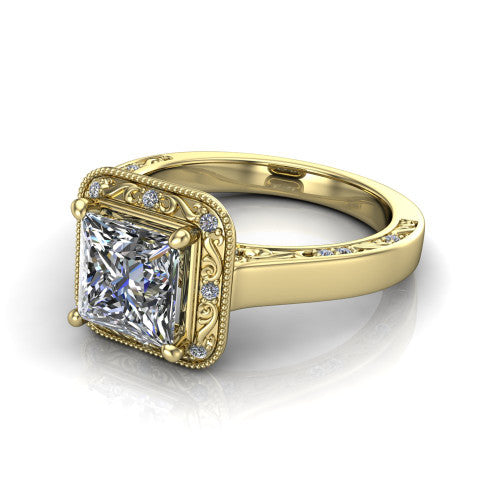 Elara princess-cut vintage engagement ring in 14K Yellow Gold, three-quarter perspective showing the princess-cut center diamond, milgrain halo, and hand-engraved band