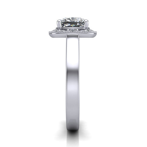 Elara cushion-cut vintage engagement ring in 14K White Gold, side profile showing the engraved scrollwork band and halo