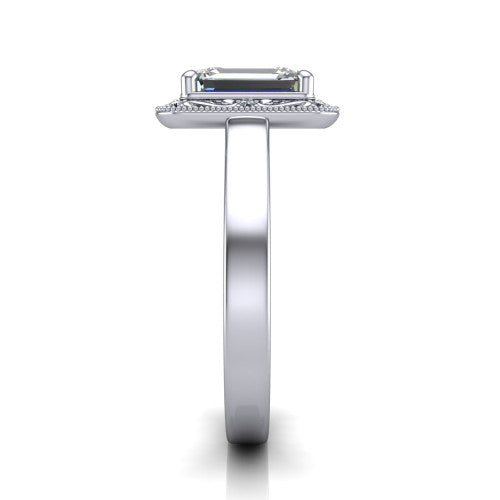 Elara emerald-cut vintage engagement ring in 14K White Gold, side profile showing the engraved scrollwork band and halo