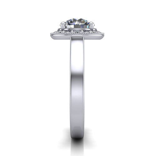 Elara round vintage engagement ring in 18K White Gold, side profile showing the engraved scrollwork band and halo