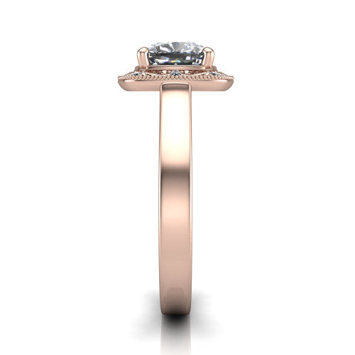 Elara cushion-cut vintage engagement ring in 14K Rose Gold, side profile showing the engraved scrollwork band and halo
