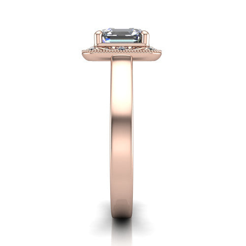 Elara square emerald-cut vintage engagement ring in 18K Rose Gold, side profile showing the engraved scrollwork band and halo