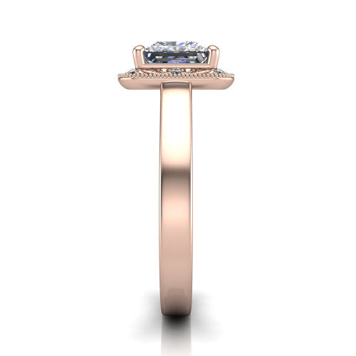Elara princess-cut vintage engagement ring in 18K Rose Gold, side profile showing the engraved scrollwork band and halo