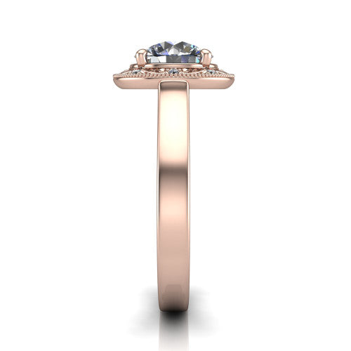 Elara round vintage engagement ring in 14K Rose Gold, side profile showing the engraved scrollwork band and halo