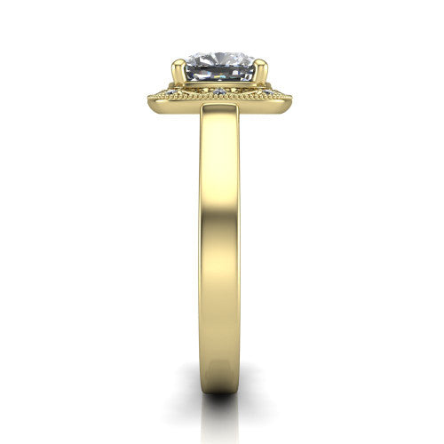 Elara cushion-cut vintage engagement ring in 14K Yellow Gold, side profile showing the engraved scrollwork band and halo