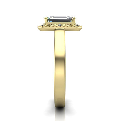 Elara emerald-cut vintage engagement ring in 18K Yellow Gold, side profile showing the engraved scrollwork band and halo