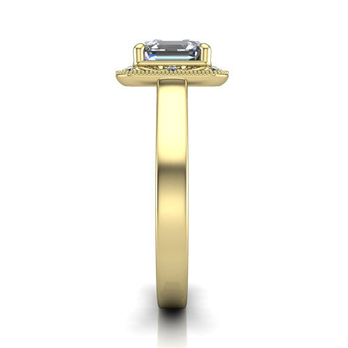 Elara square emerald-cut vintage engagement ring in 18K Yellow Gold, side profile showing the engraved scrollwork band and halo